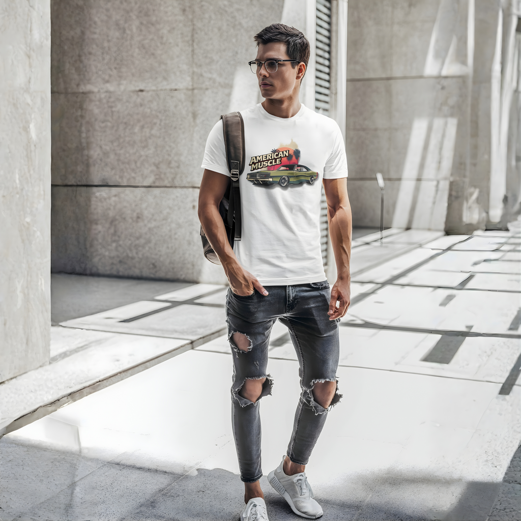 Man wearing a white t-shirt with graphics and ripped jeans in an urban setting
