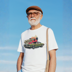 Man wearing a white t-shirt with 'American Muscle' graphic against a blue sky.