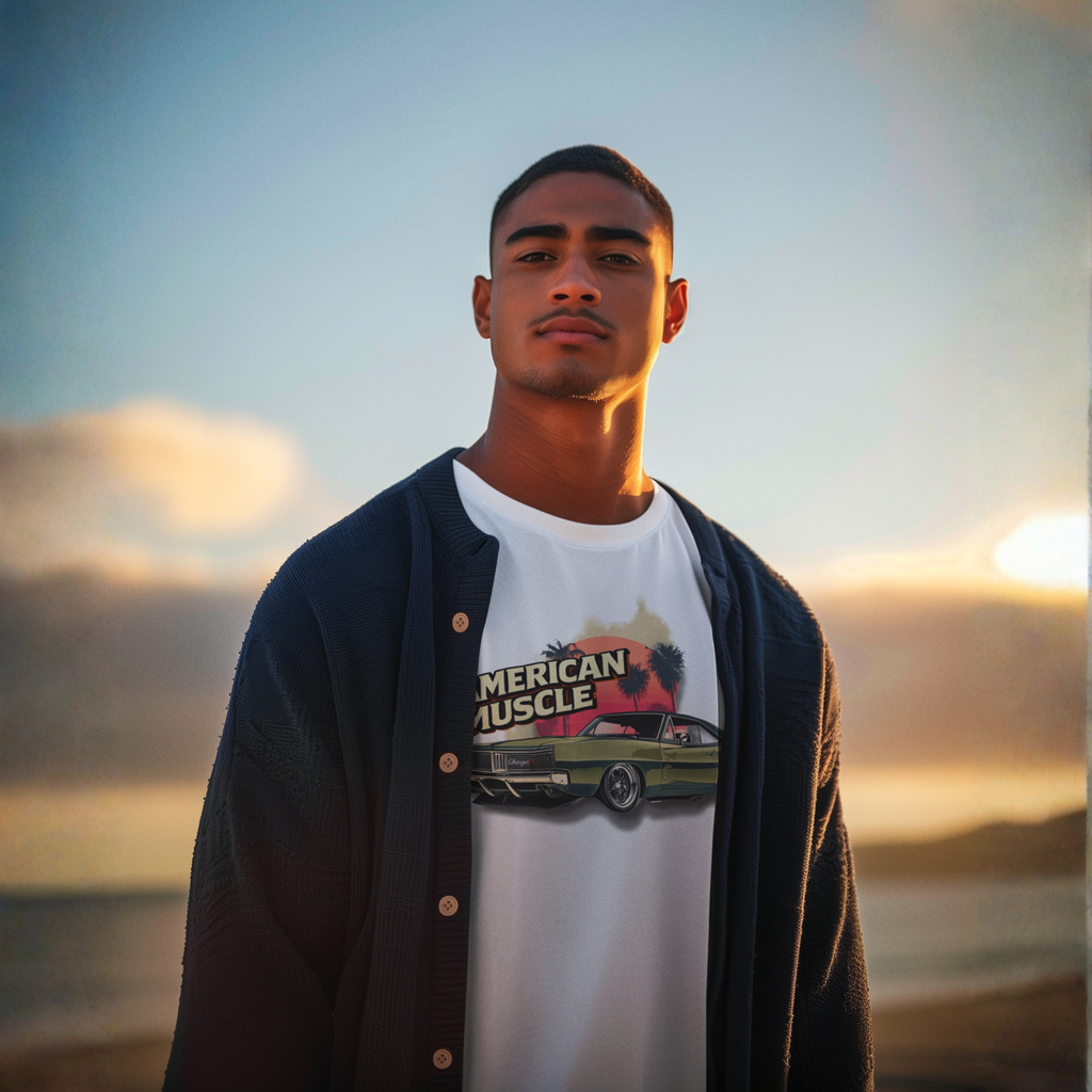 Man wearing a 'American Muscle' t-shirt with a sunset and car graphic, standing against a scenic background.