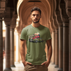 Man wearing a military green t-shirt with 'American Muscle' graphic in an architectural setting