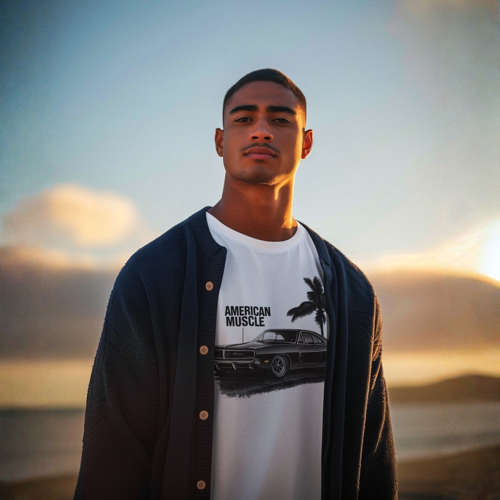 Man wearing a white t-shirt with 'American Muscle' graphic against a sunset background