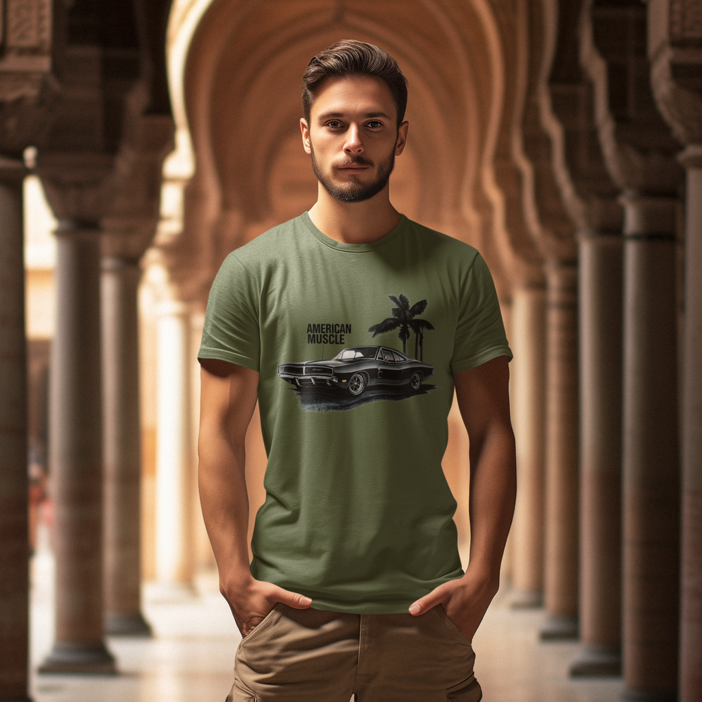 Man wearing a military green t-shirt with a car graphic and 'American Muscle' text, standing in an arched corridor.