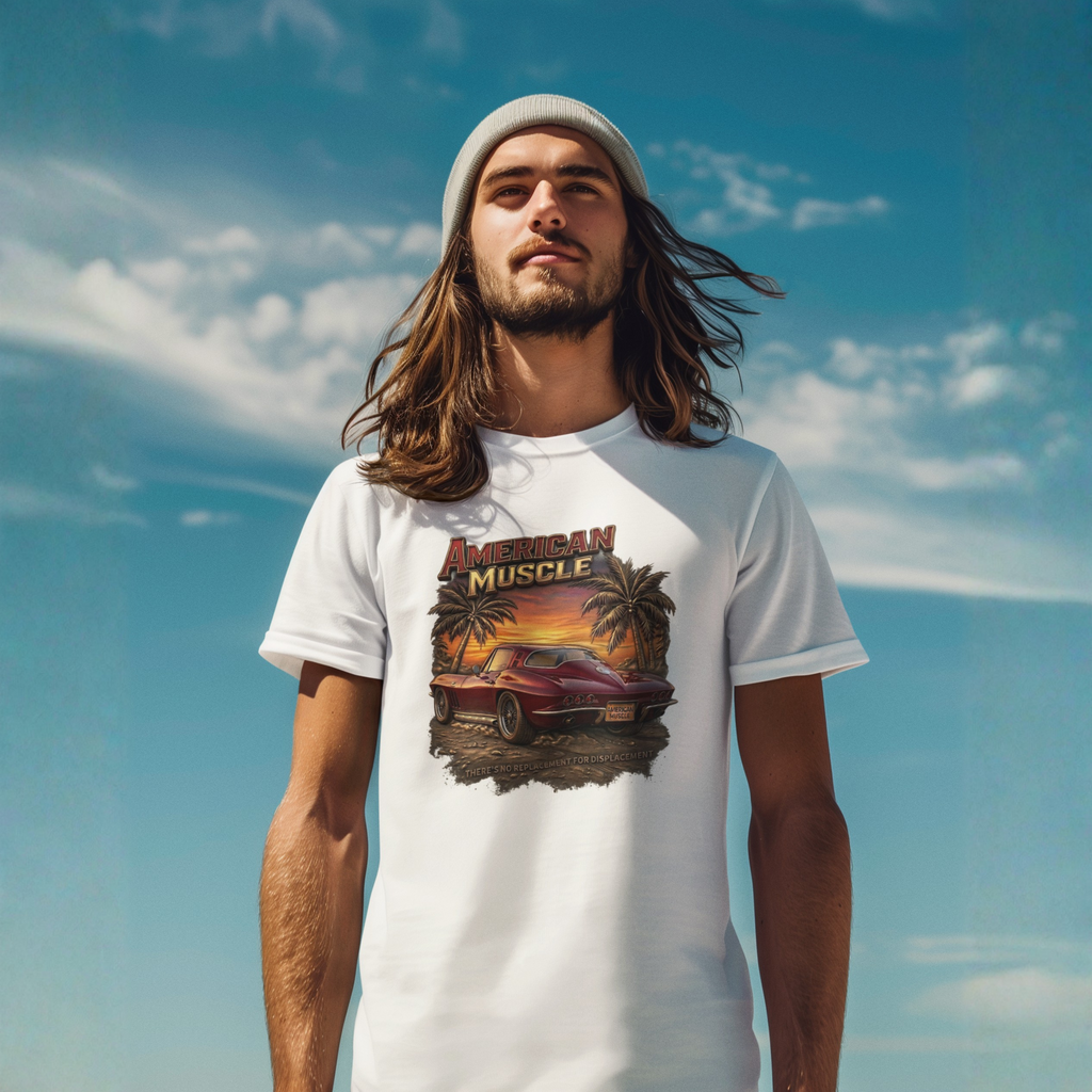 Man wearing a white t-shirt with 'American Muscle' graphic against a blue sky.