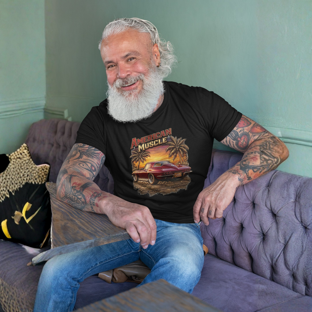 Man with tattoos and a beard sitting on a purple couch wearing an 'American Muscle' t-shirt.