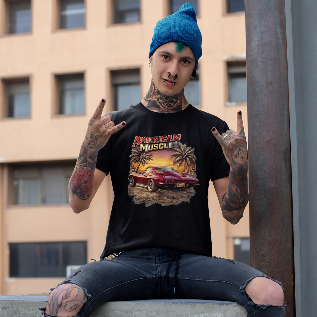 Man wearing a black 'American Muscle' t-shirt with a red car graphic, sitting on a ledge with a building in the background.