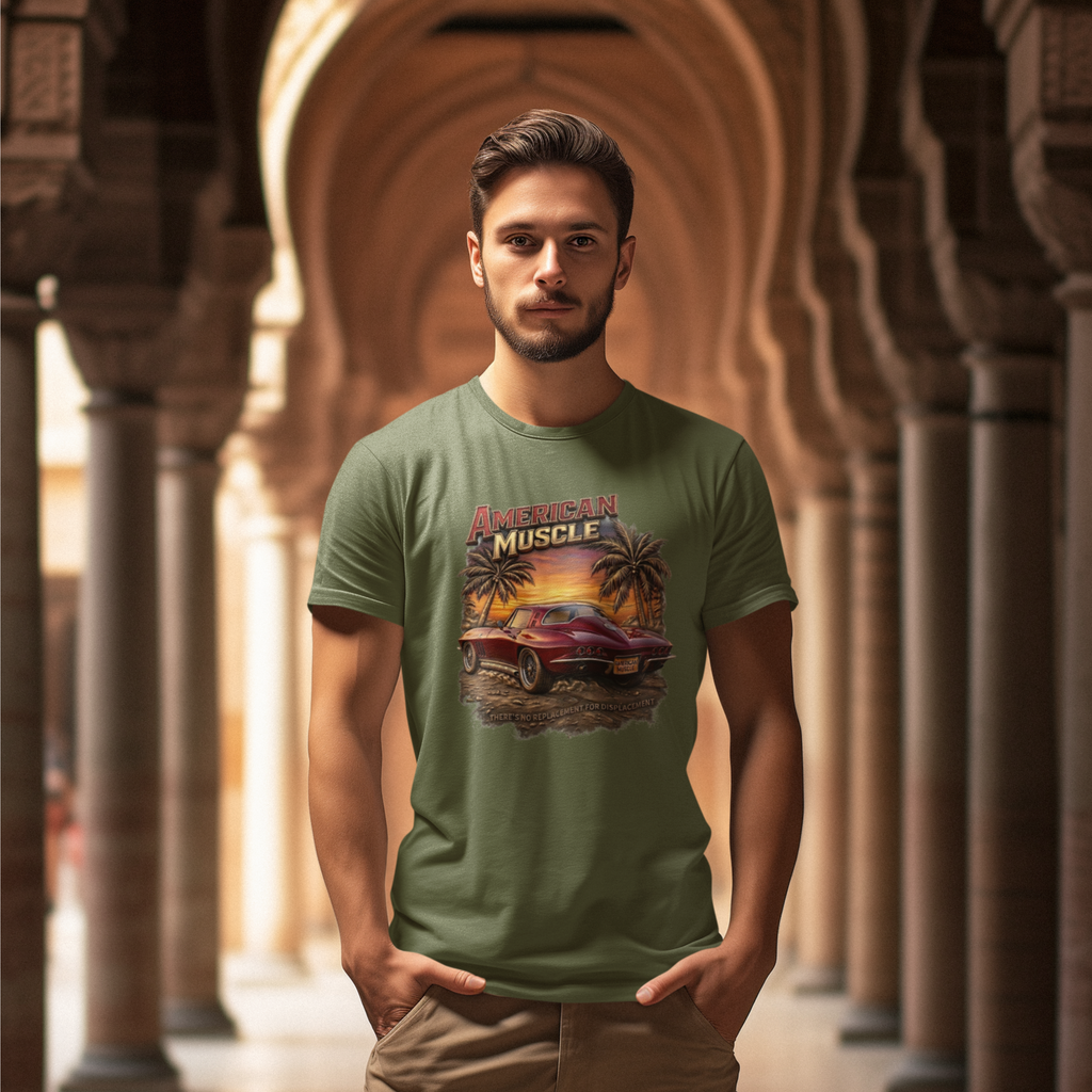 Man wearing a military green t-shirt with a graphic design of a muscle car and palm trees, standing in an architectural setting.
