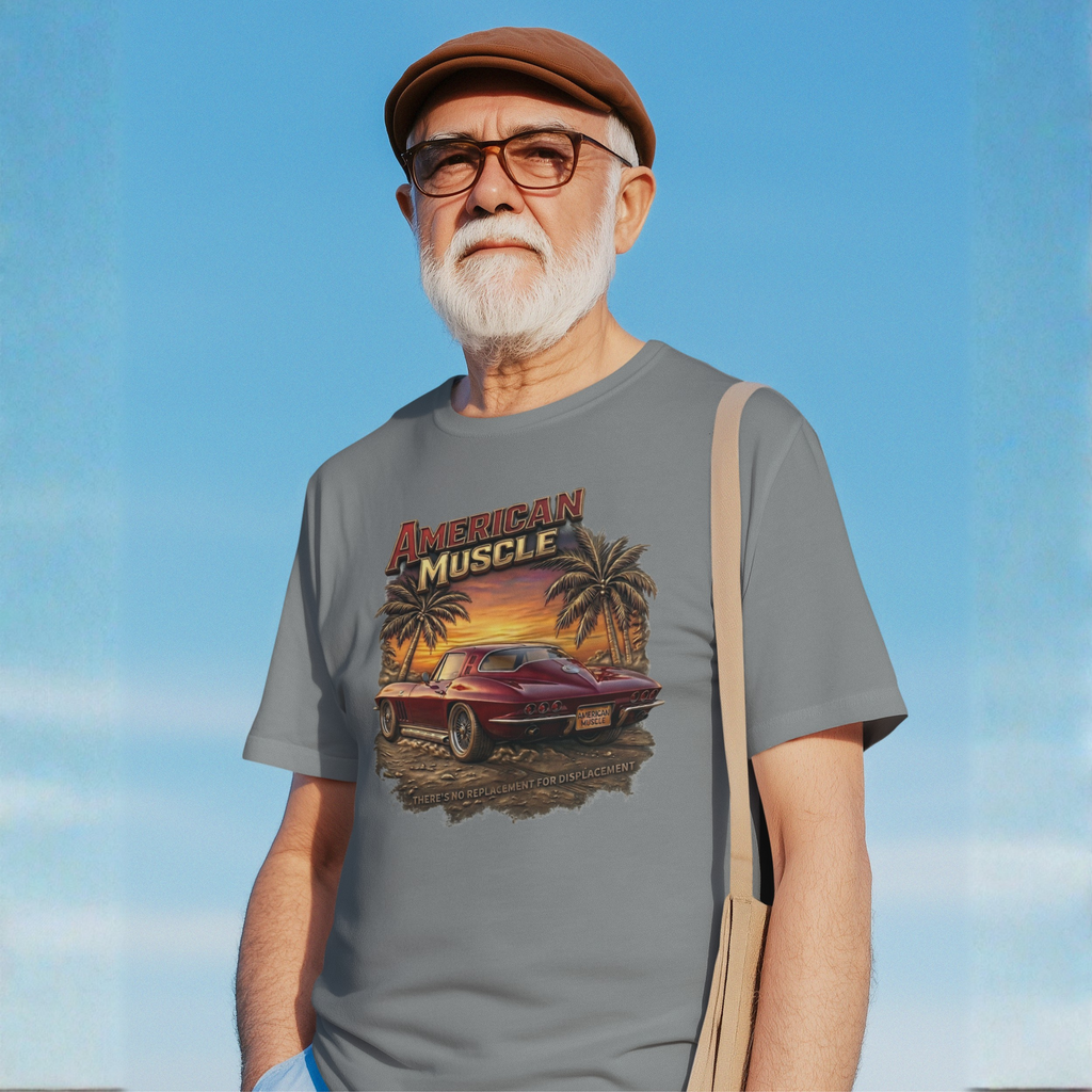 Man wearing a gray t-shirt with 'American Muscle' graphic against a blue sky.