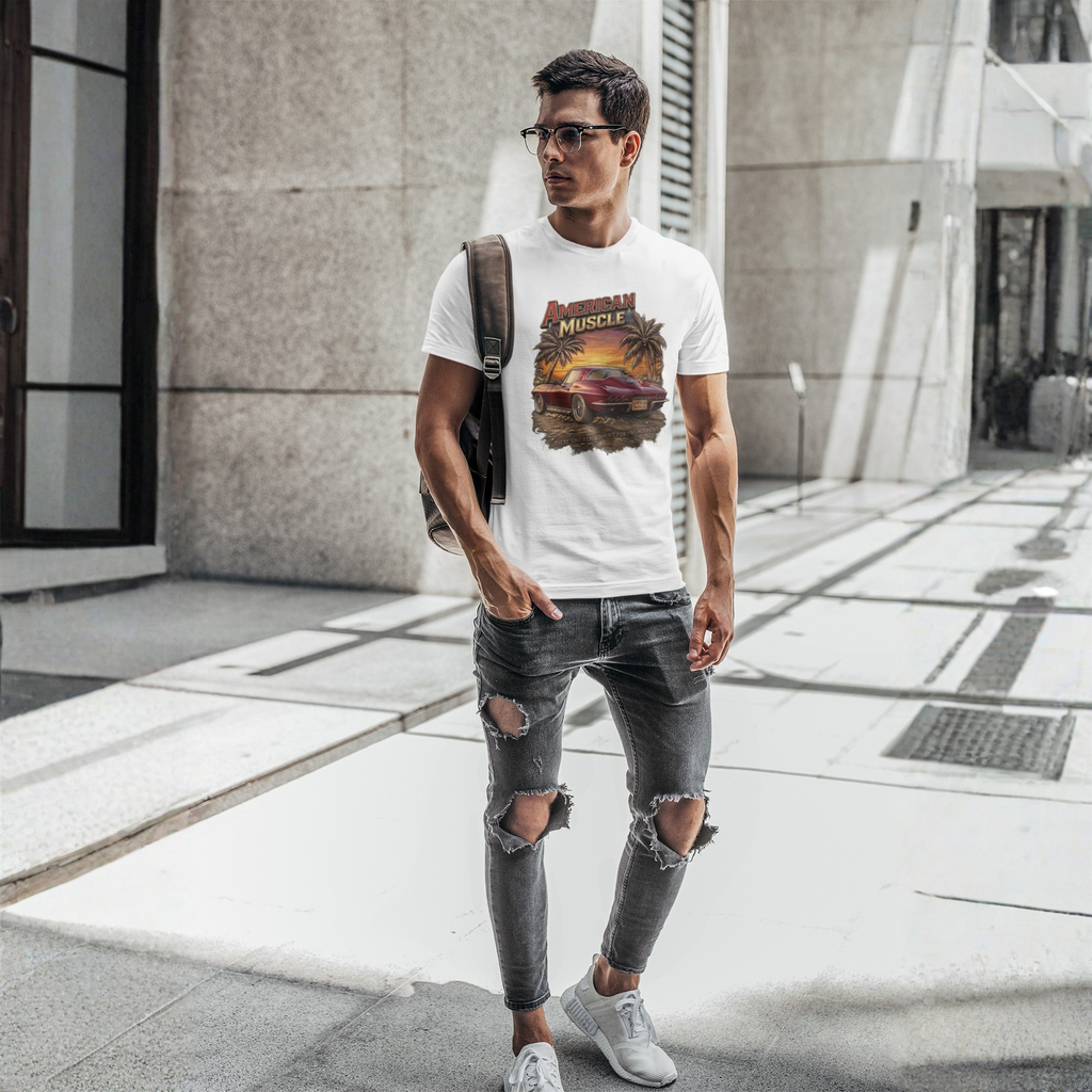 Man wearing a white t-shirt with a graphic design and ripped jeans, standing on a city street.