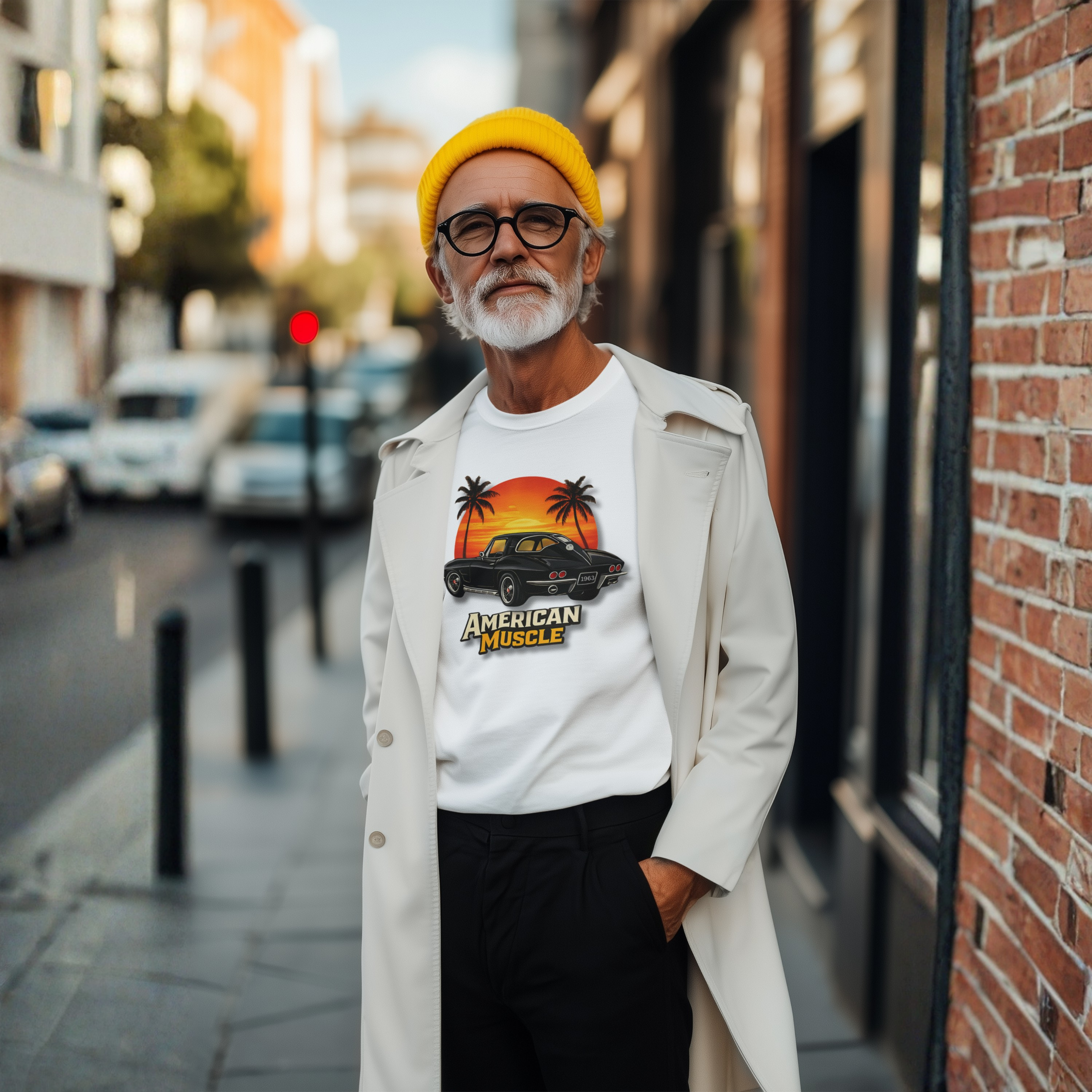 Man wearing a white t-shirt with an American Muscle graphic design, standing on a city street.