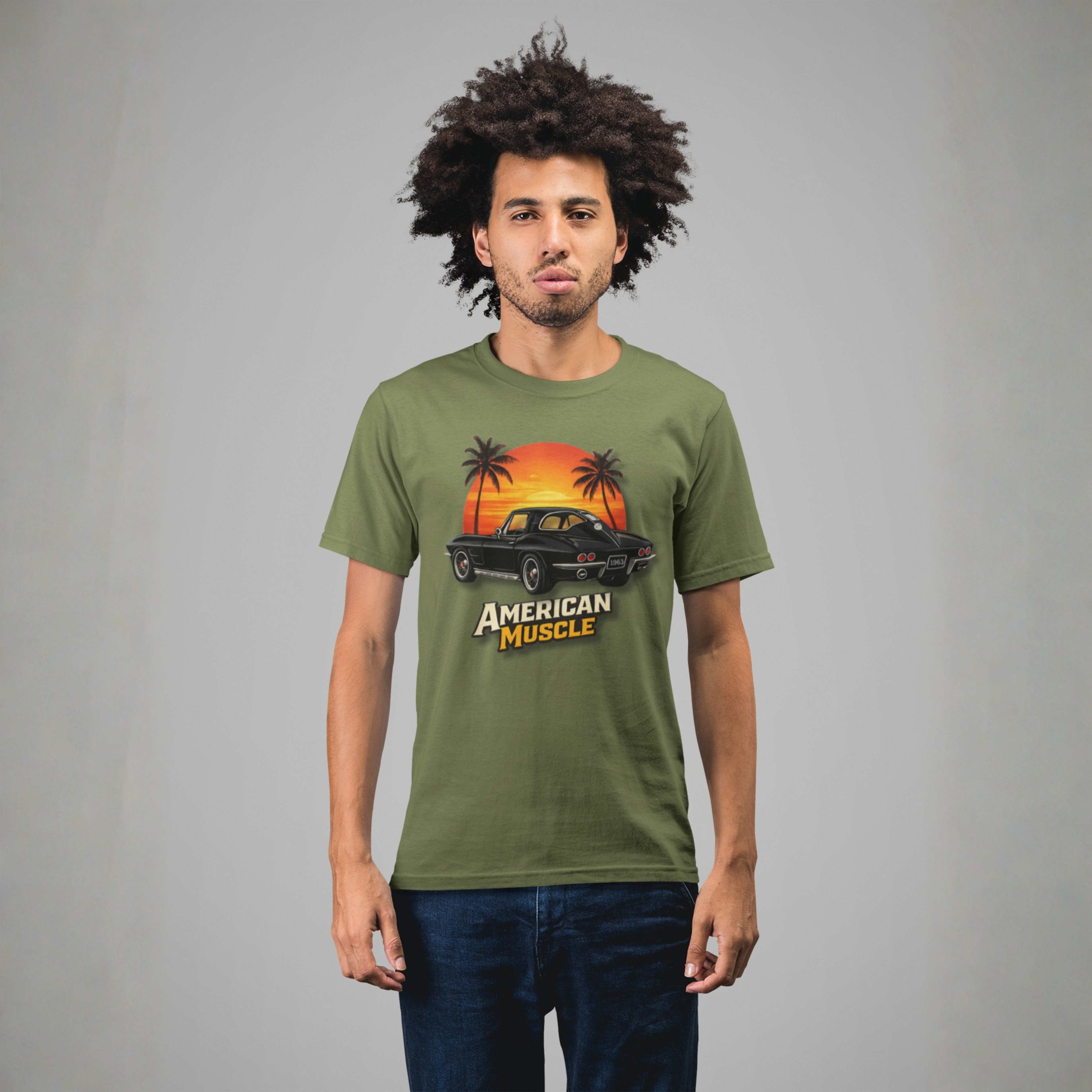 Man wearing a military green t-shirt with a graphic American Muscle design on a gray background