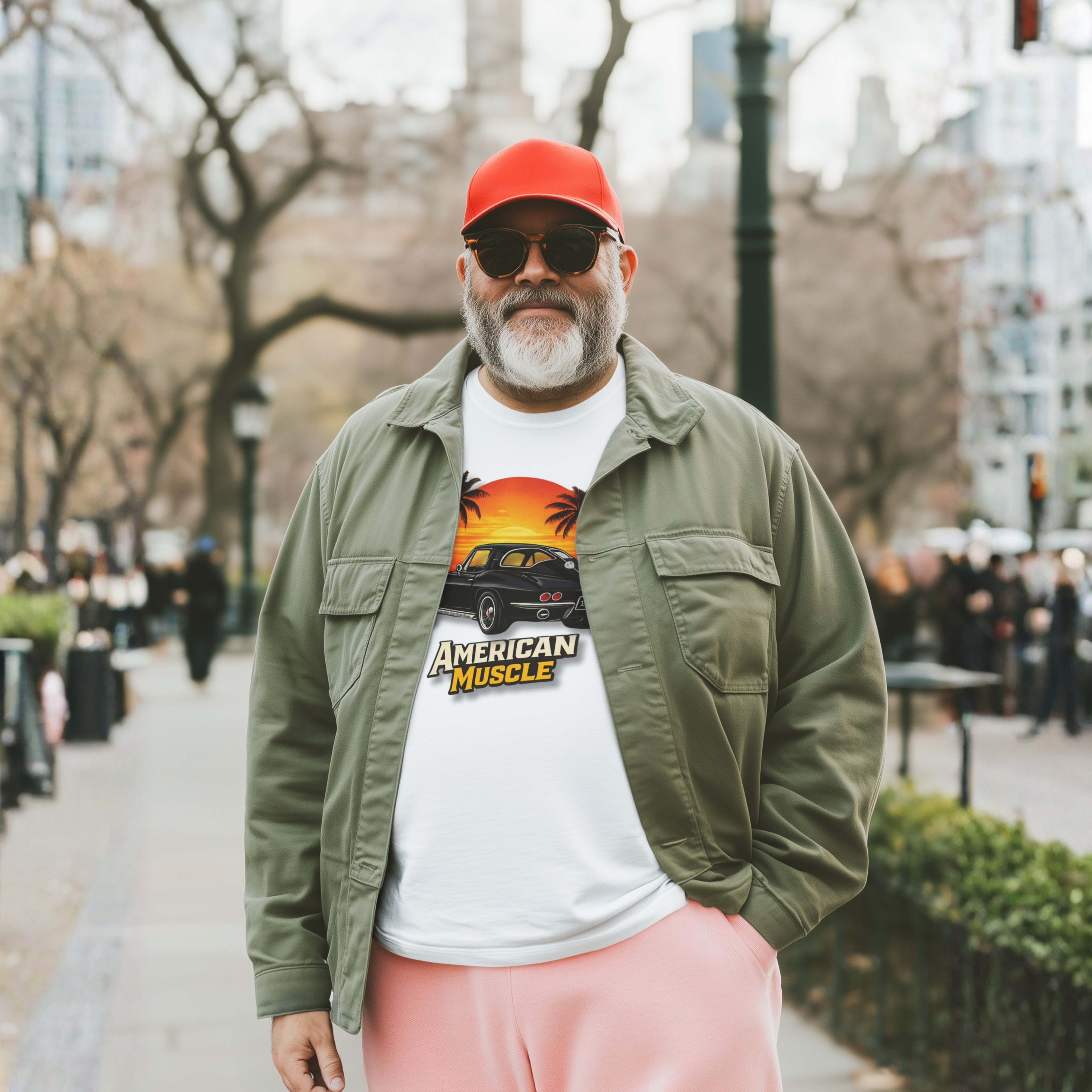Man wearing a red cap and sunglasses, with an 'American Muscle' white t-shirt, standing on a city street.