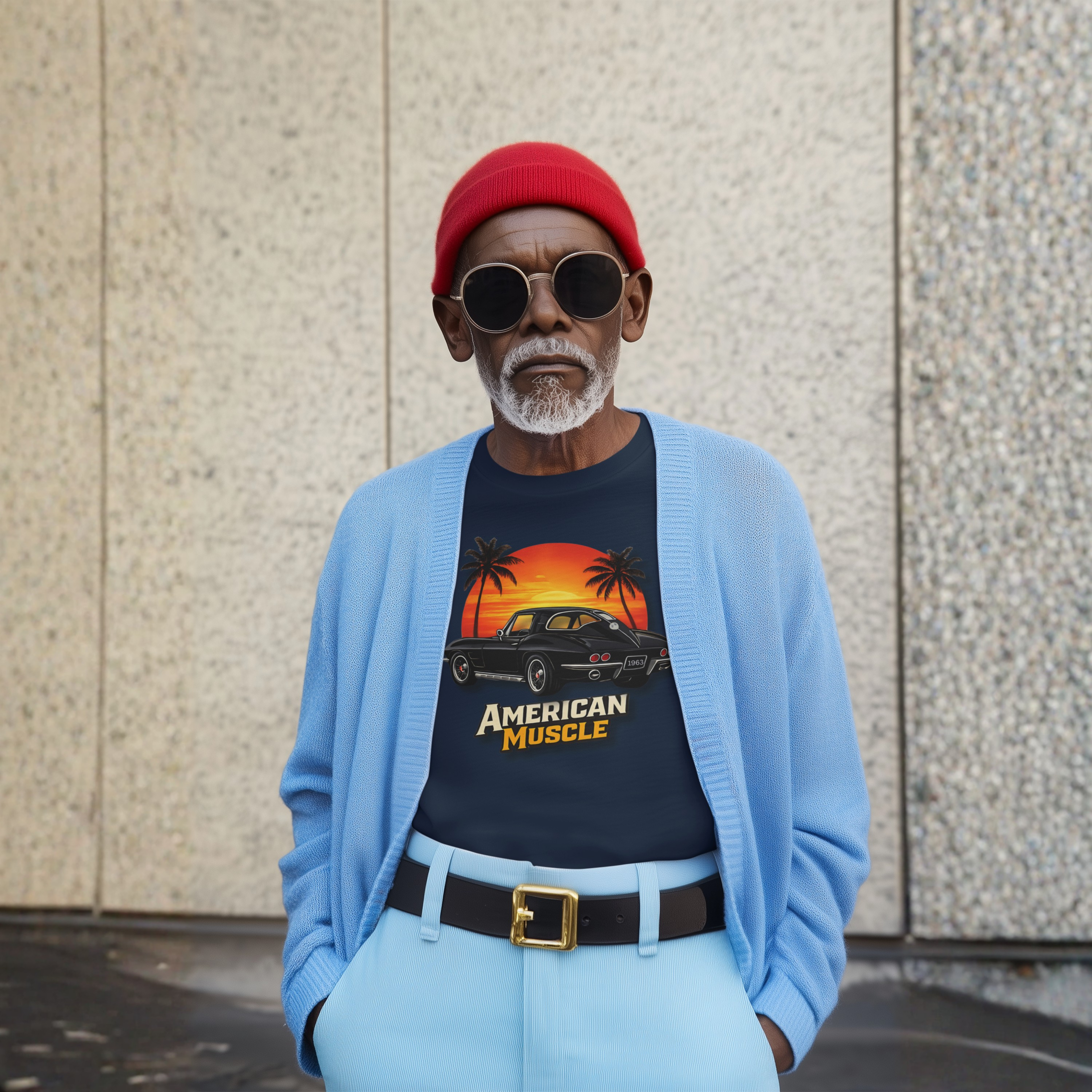Man wearing a blue cardigan, navy blue t-shirt with 'American Muscle' graphic, red cap, and sunglasses against a textured wall.