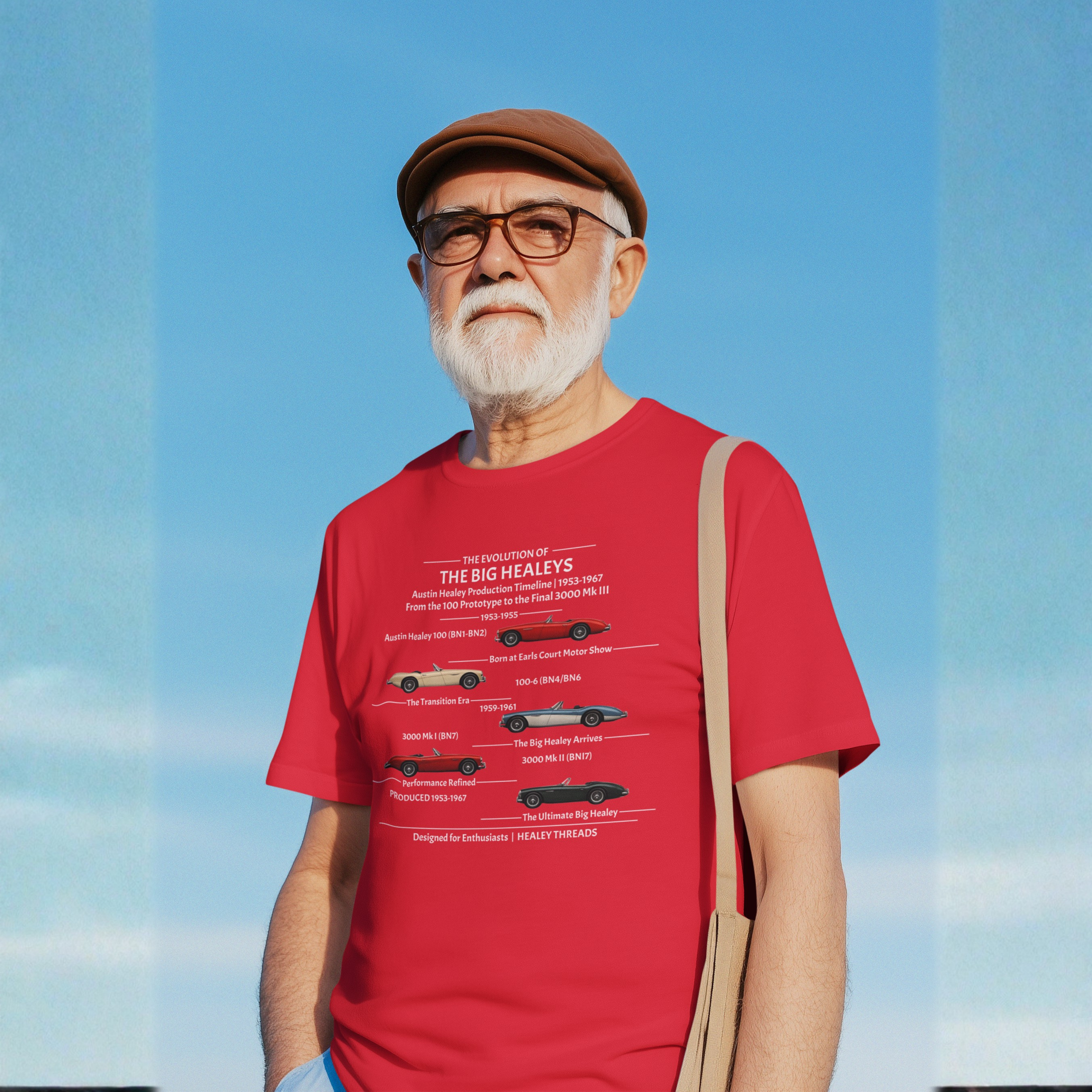 Man wearing a red t-shirt with a Healey timeline graphic design with a sky background 