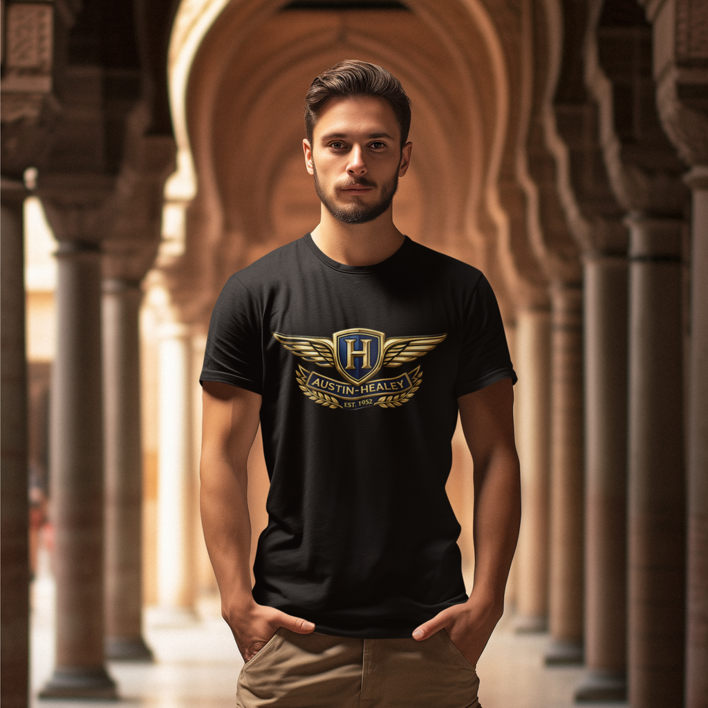 Man wearing a black t-shirt with a Austin Healey logo in an arched hallway