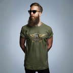 Man wearing a military green t-shirt with a Austin Healey logo on a gray background