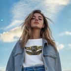 Woman wearing an Austin-Healey t-shirt with a blue sky and clouds in the background