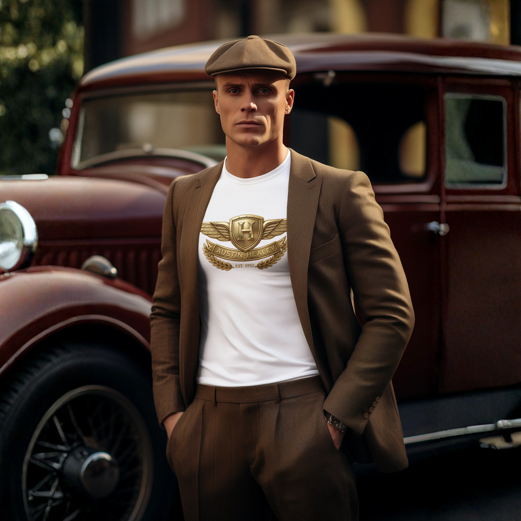 Man in a brown suit and flat cap standing in front of an old car wearing a white tee with a gold Healey logo