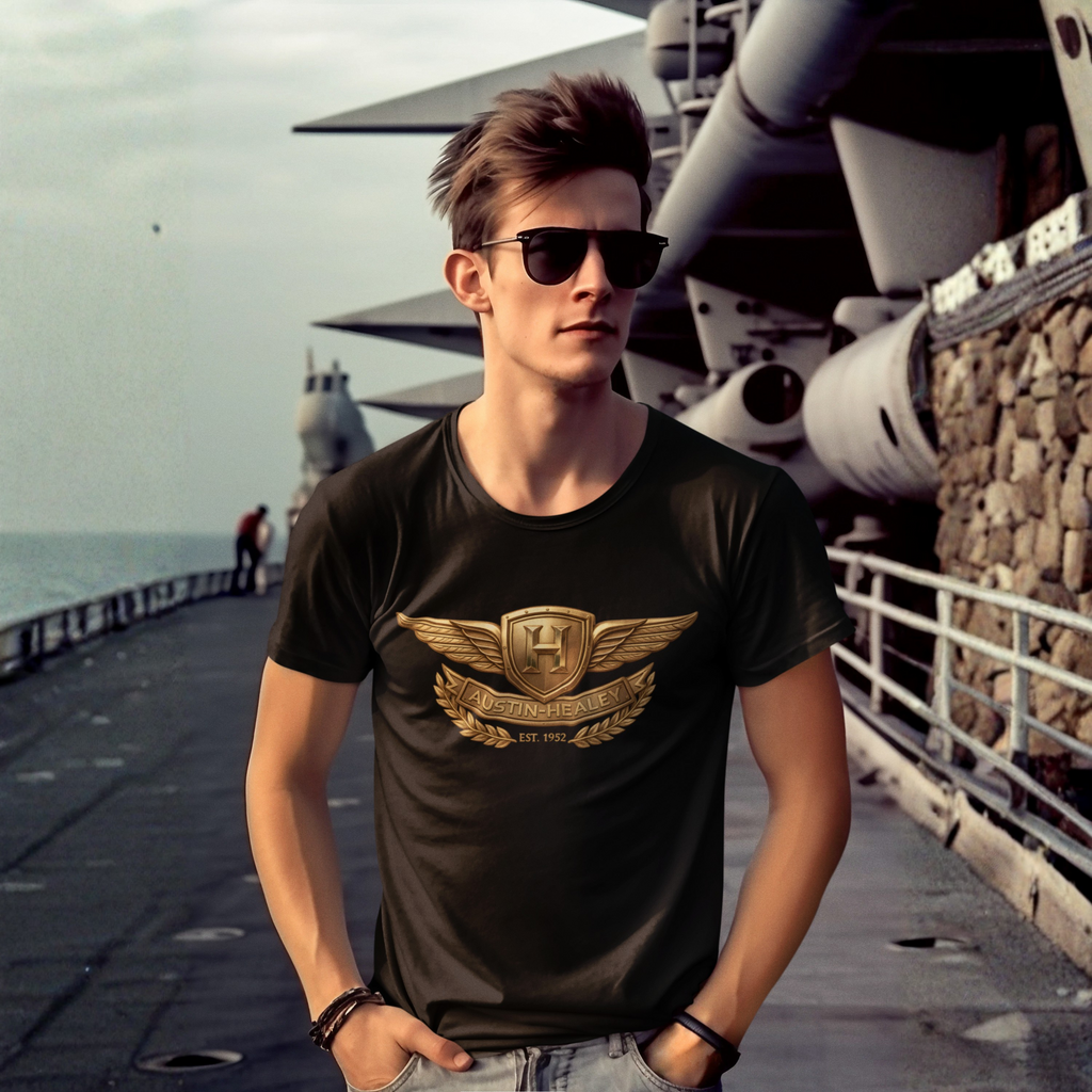 Man wearing a black t-shirt with a gold Healey emblem on an aircraft carrier deck.