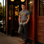 Man wearing a gray t-shirt with a gold Healey winged design, standing against a red building exterior.