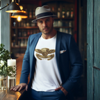 Man wearing a white t-shirt with a gold Healey emblem and a blue blazer in a bar setting