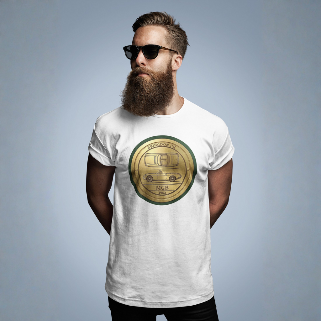 Man wearing a white t-shirt with a gold circular classic car design on a gray background