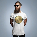 Man wearing a white t-shirt with a gold circular classic car design on a gray background