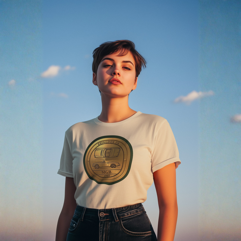 Woman wearing a white t-shirt with a circular classic car logo against a blue sky.
