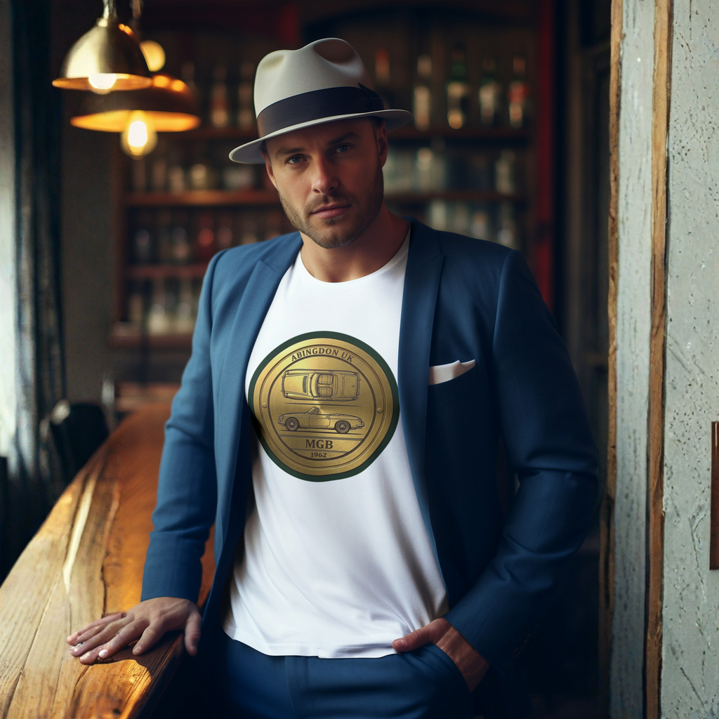 Man wearing a white t-shirt with a classic car emblem and text, standing in a bar setting.