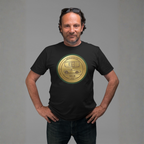Man wearing a black t-shirt with a gold classic car emblem on a gray background