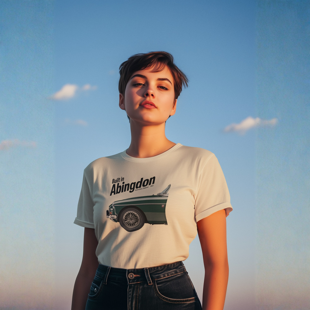 Woman wearing a t-shirt with a classic car graphic design against a clear blue sky