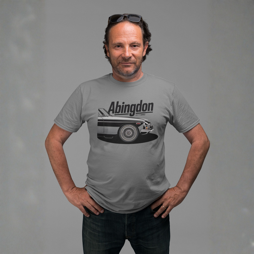 Man wearing a gray t-shirt with 'Abingdon' and a classic car graphic on a gray background