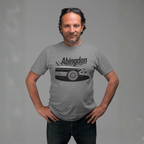 Man wearing a gray t-shirt with 'Abingdon' and a classic car graphic on a gray background