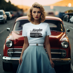 Woman wearing a white t-shirt with 'Abingdon' and classic car graphic in front of a vintage red car.
