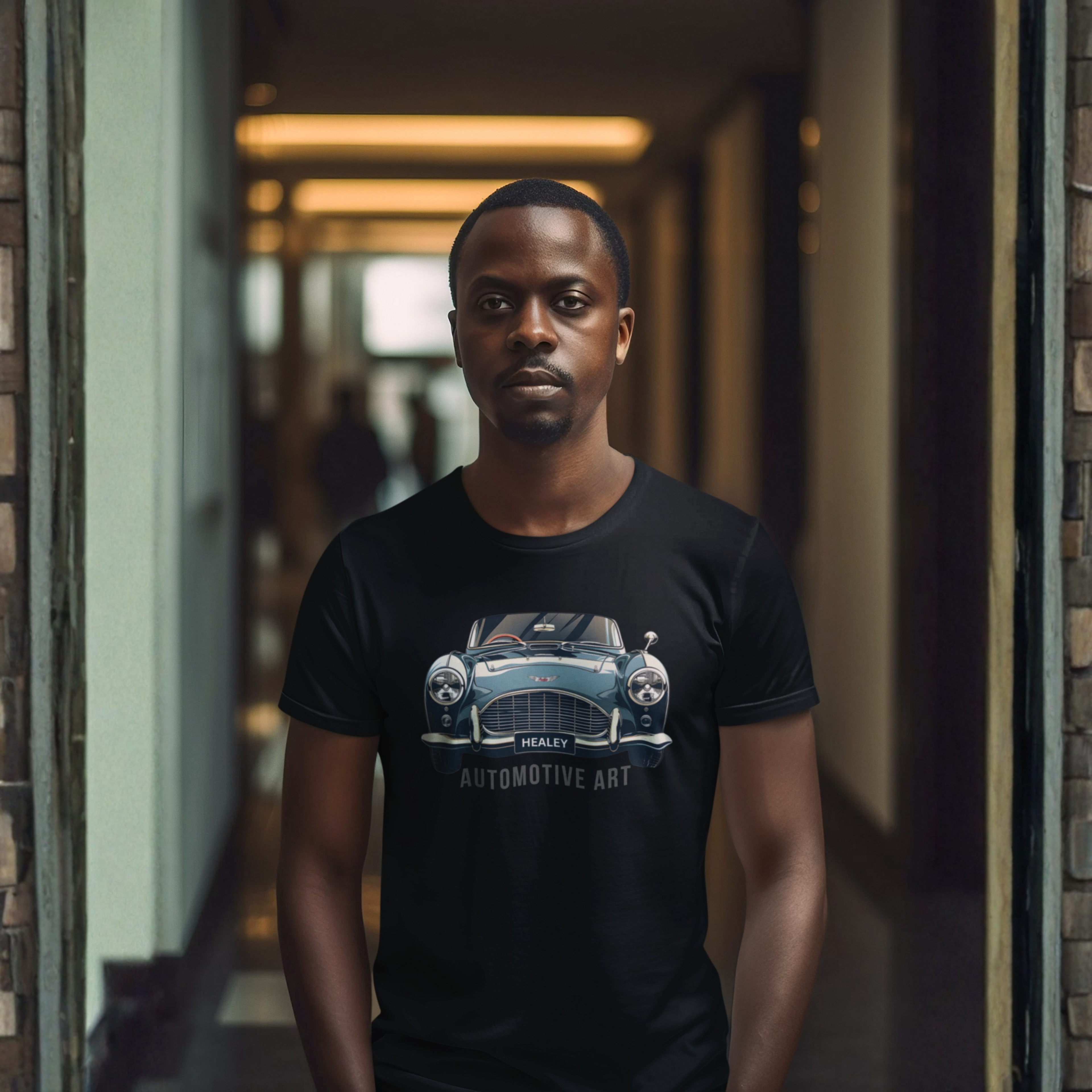 Man wearing a black t-shirt with a Healey car graphic in a dimly lit hallway.