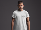 Man wearing a white t-shirt with a Healey classic car graphic design on a gray background
