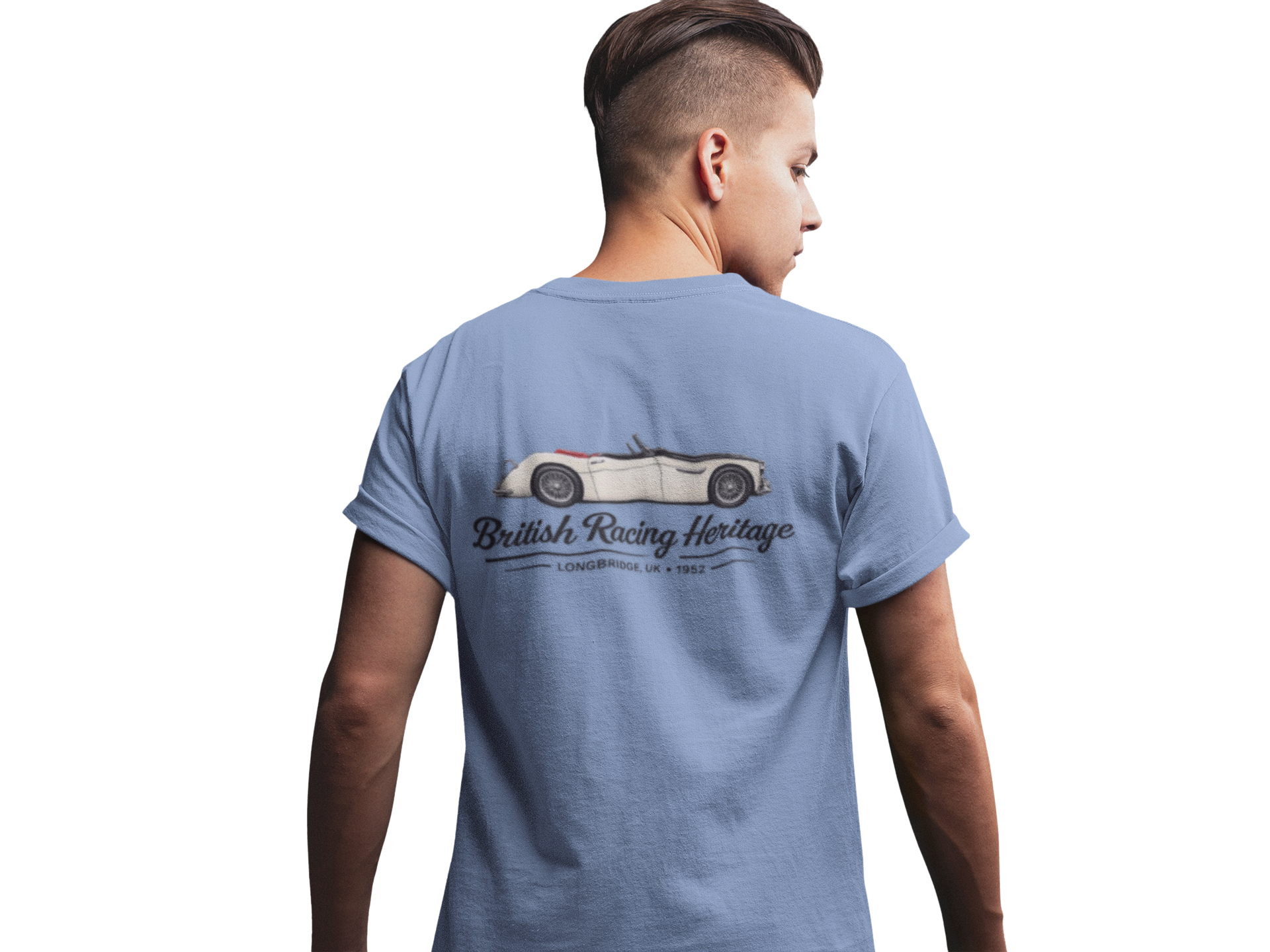 man wearing a blue t-shirt with a Healey car design and black text on the back