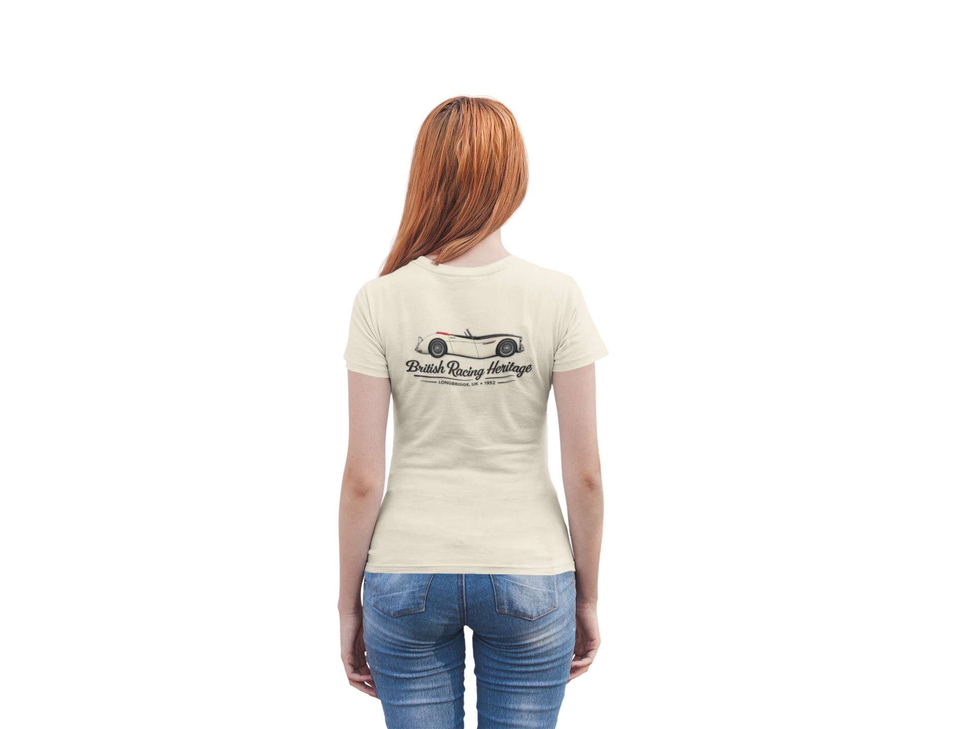 Woman wearing a natural t-shirt with a graphic Healey car design on the back, standing against a white background