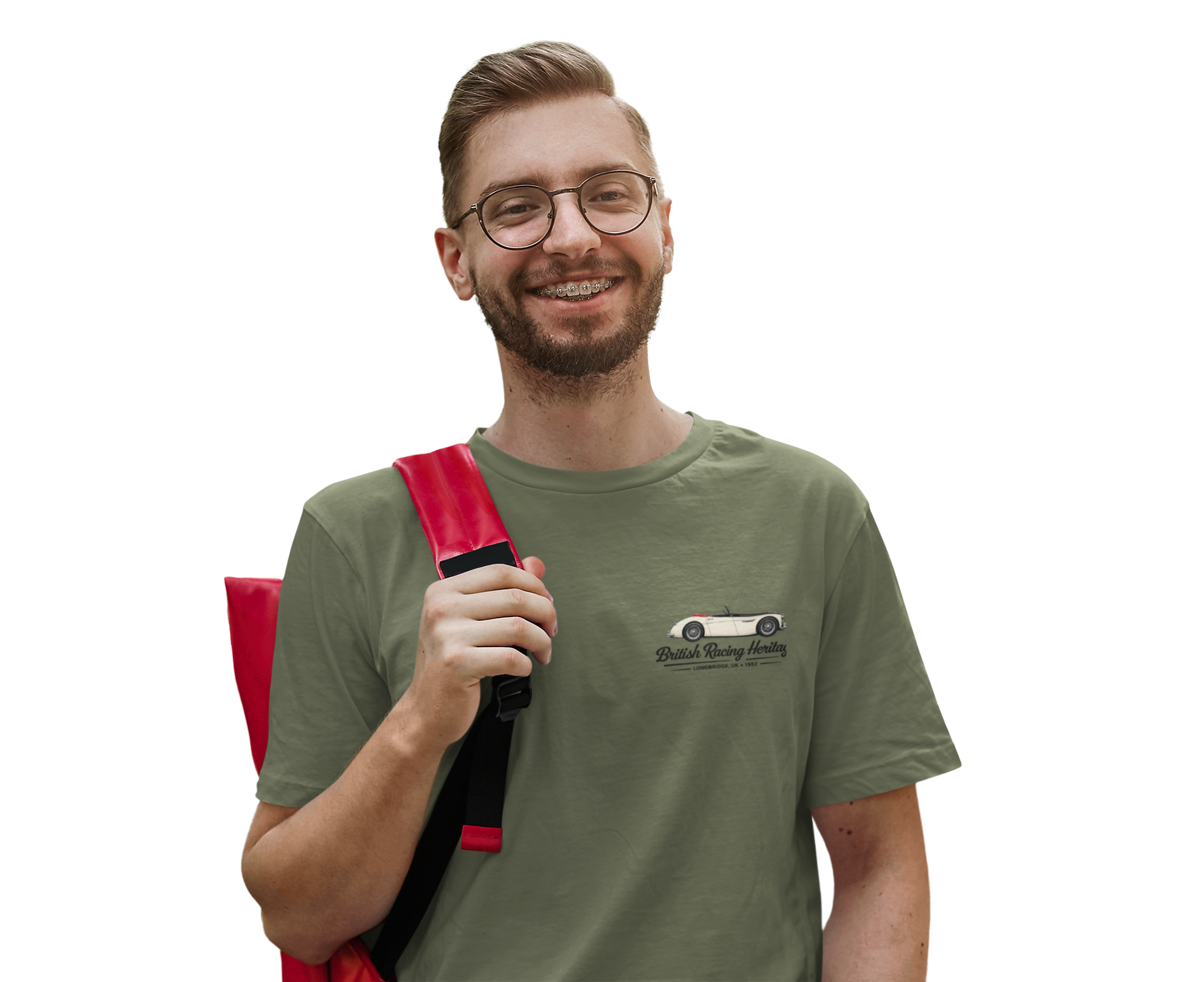 Man wearing a military green t-shirt with a Healey car design and holding a red bag on a white background