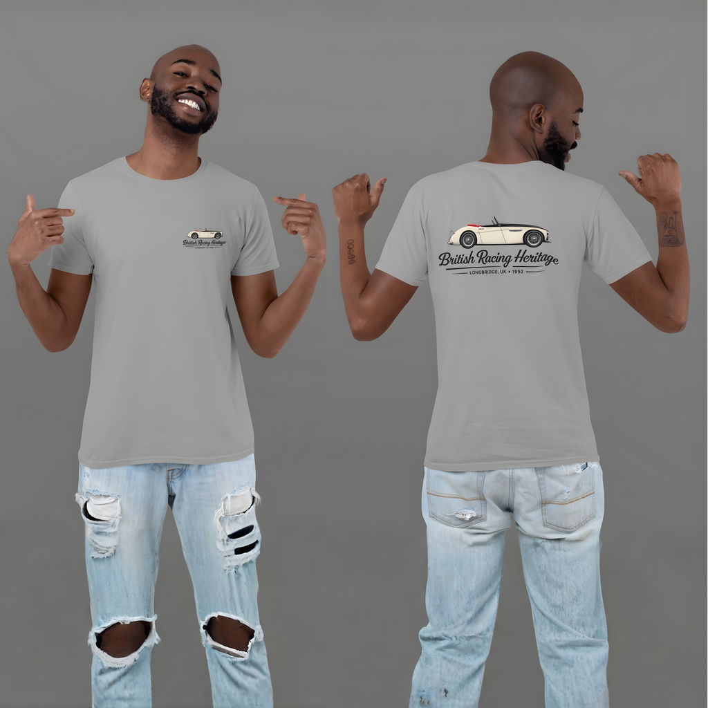 Man wearing a white t-shirt with a Healey classic car graphic design on a gray background
