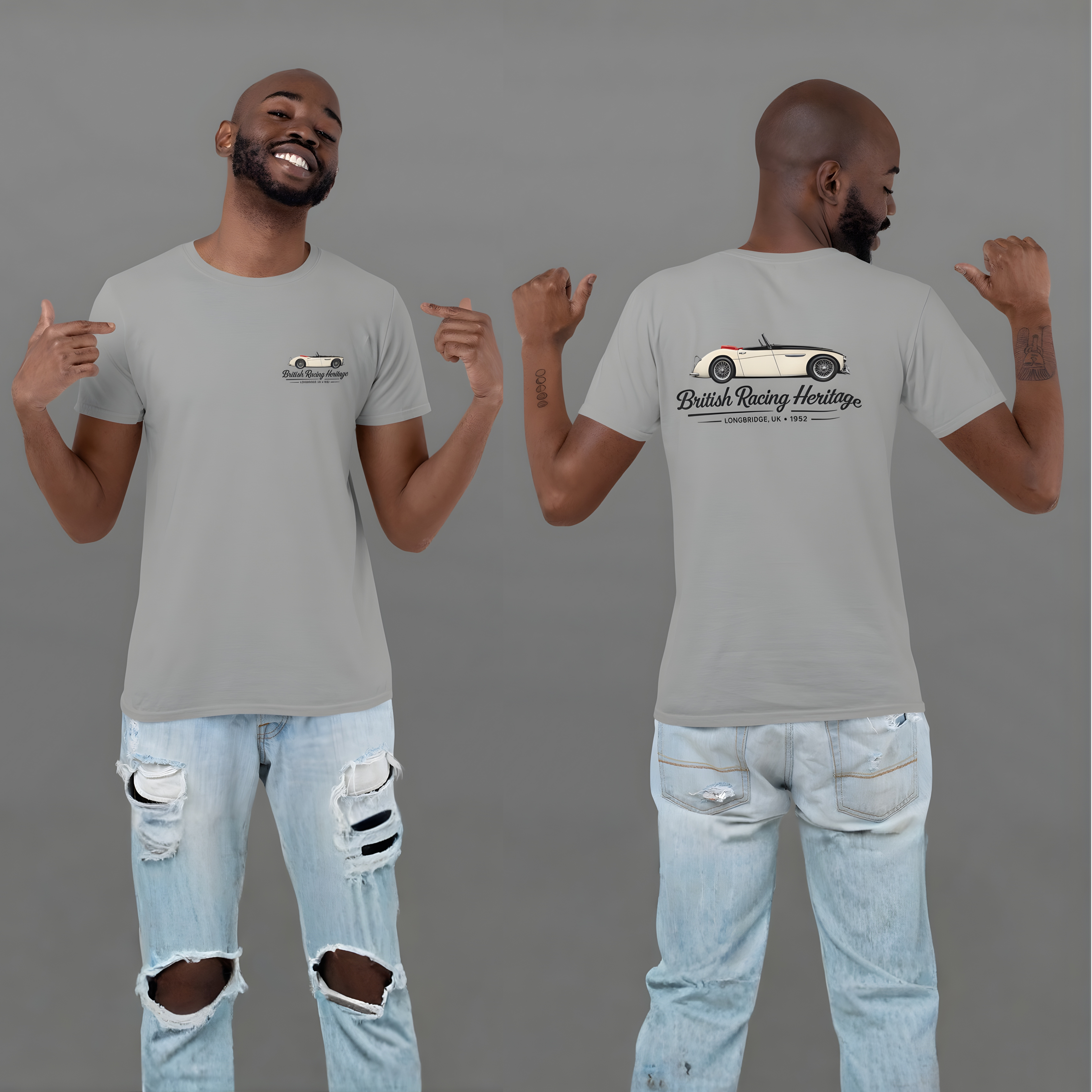 Man wearing a gray t-shirt with a Healey car graphic on the front and back, pointing at the shirt.