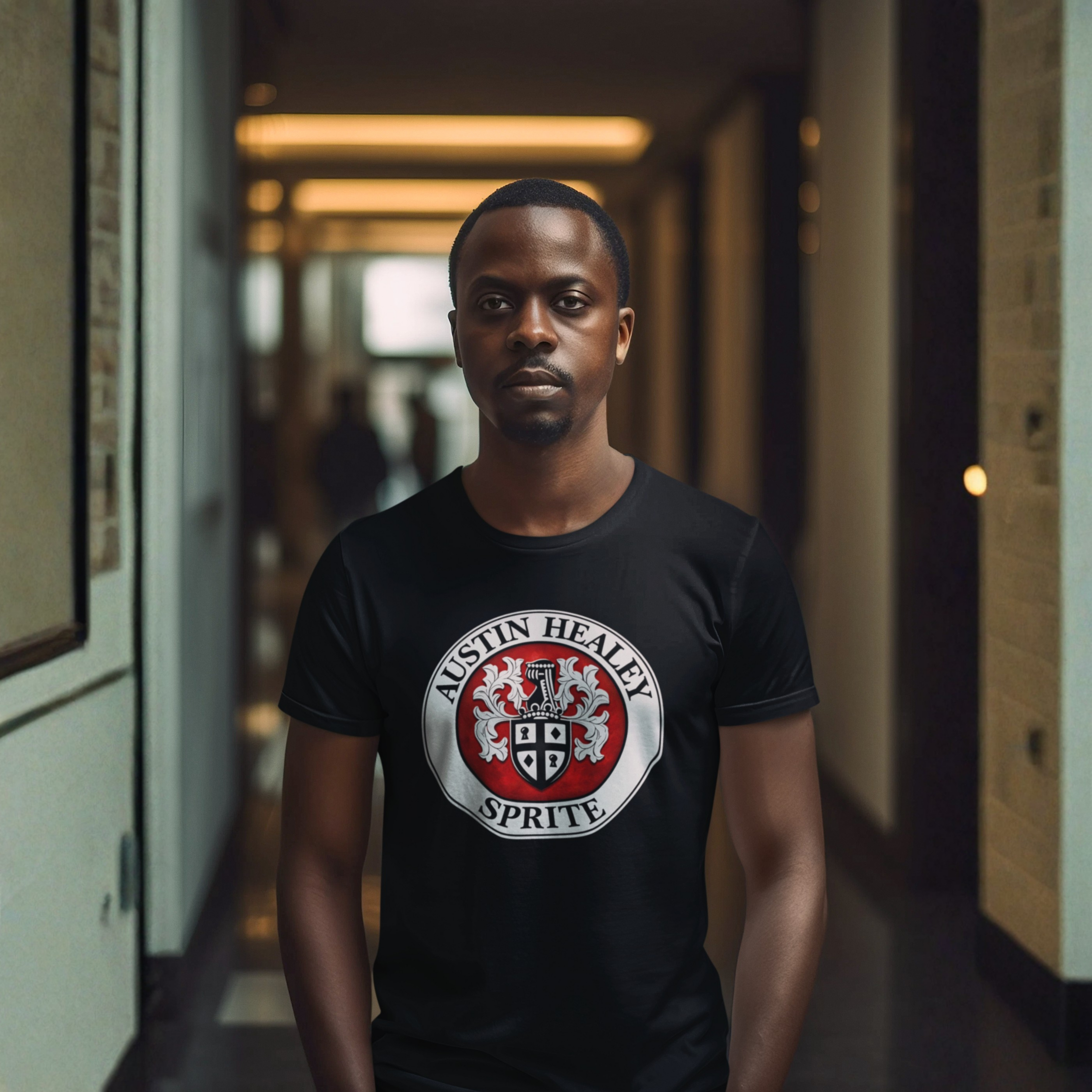 Man wearing a black t-shirt with a red and white Austin Healey Sprite logo in a hallway