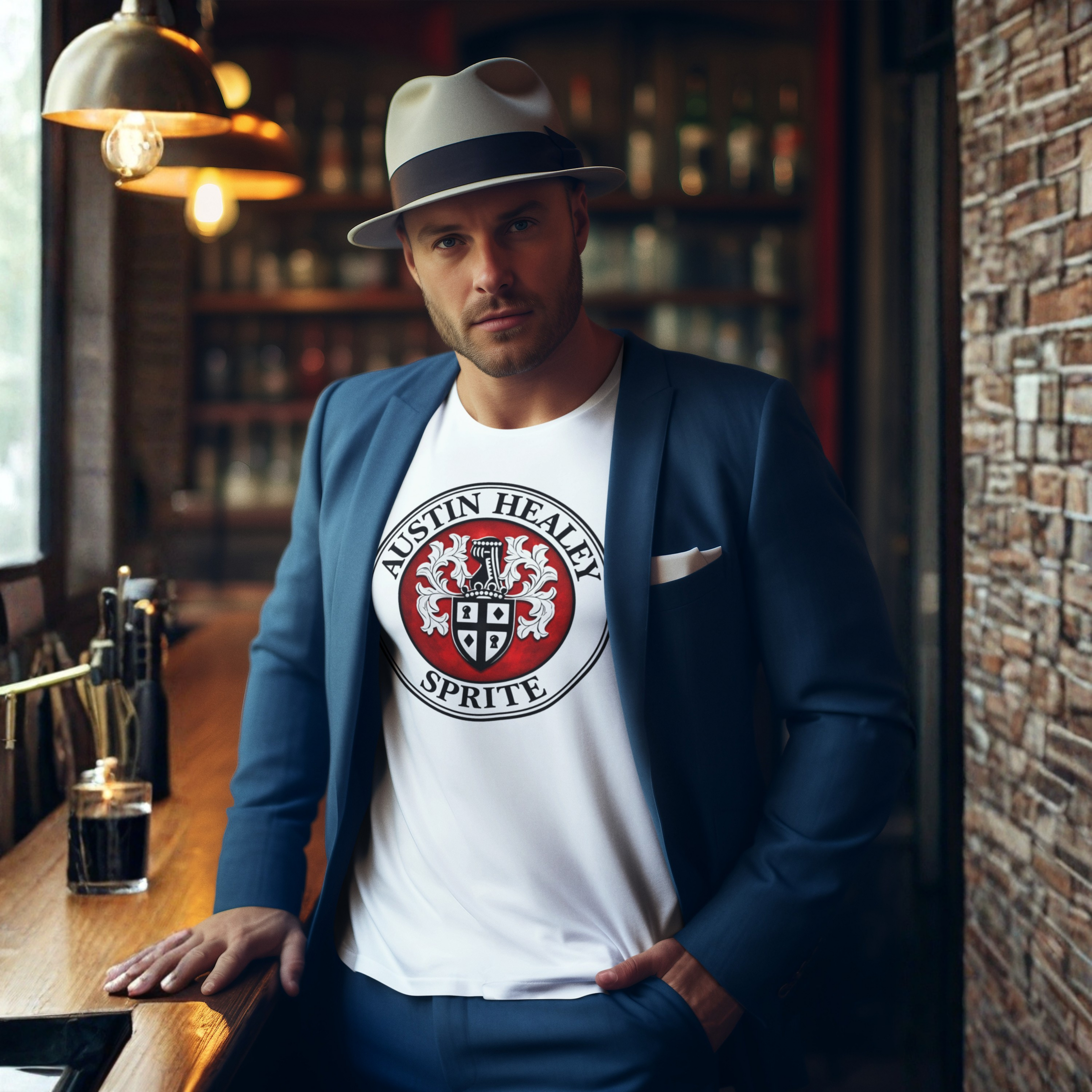 Man wearing a 'Austin Healey Sprite' t-shirt in a bar setting