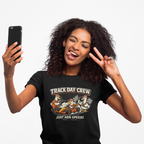 Girl wearing a black t-shirt with 'Track Day Crew' graphic on a white background