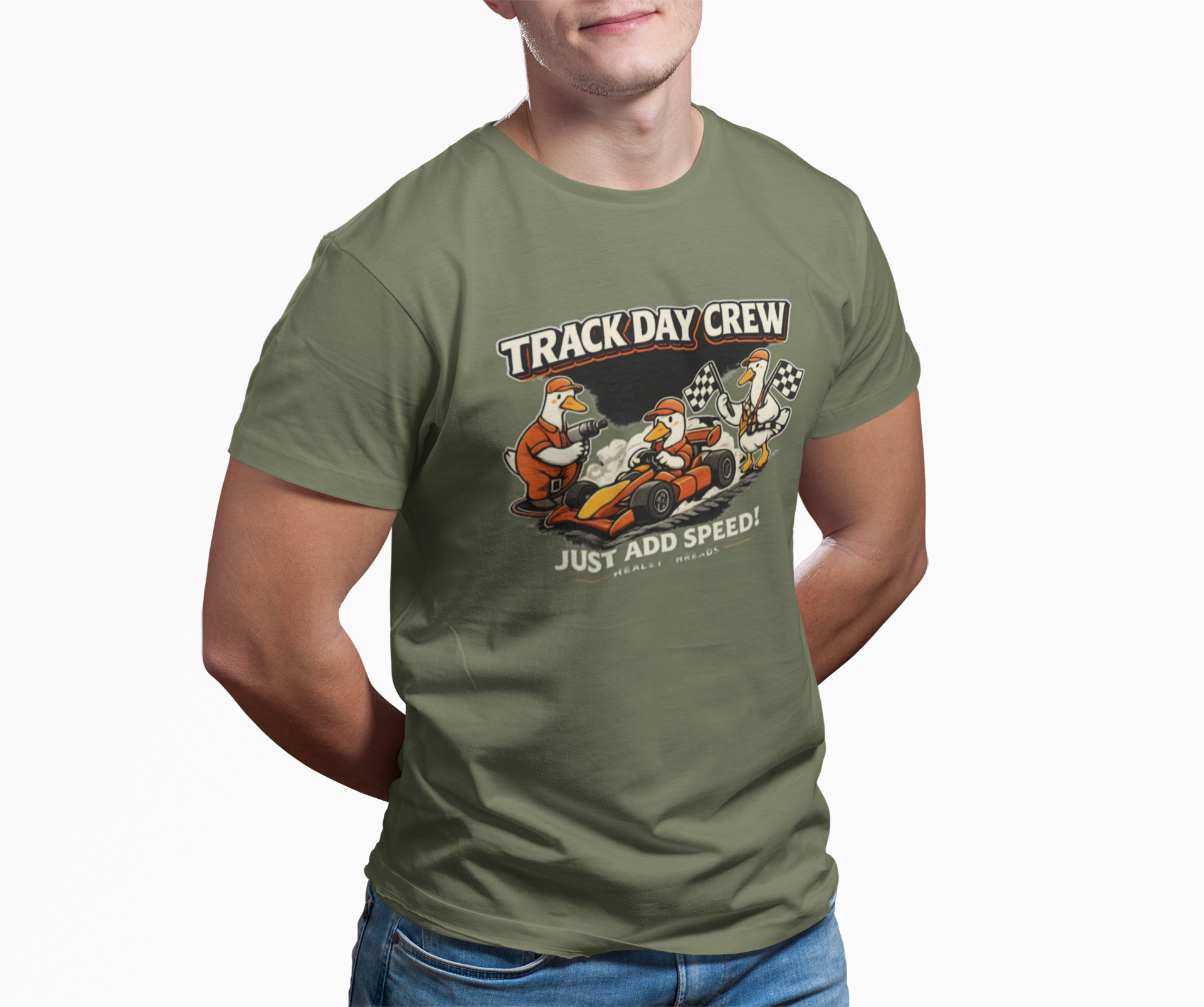 Man wearing a military green t-shirt with 'Track Day Crew' graphic on a white background