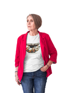 Woman wearing a red jacket over a white t-shirt with graphic design on a white background