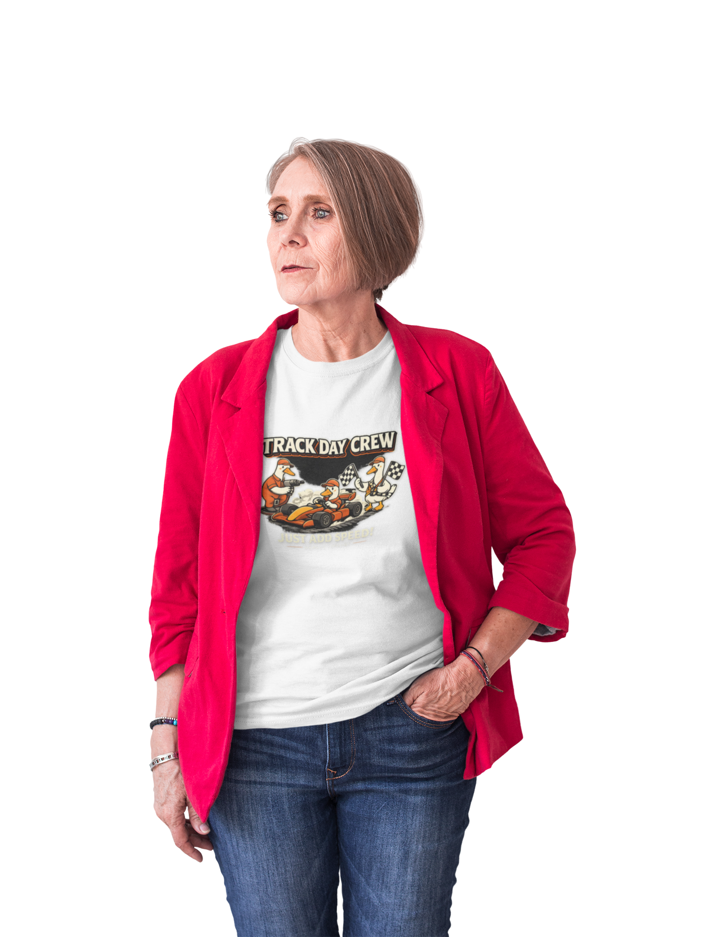 Woman wearing a red jacket over a white t-shirt with graphic design on a white background