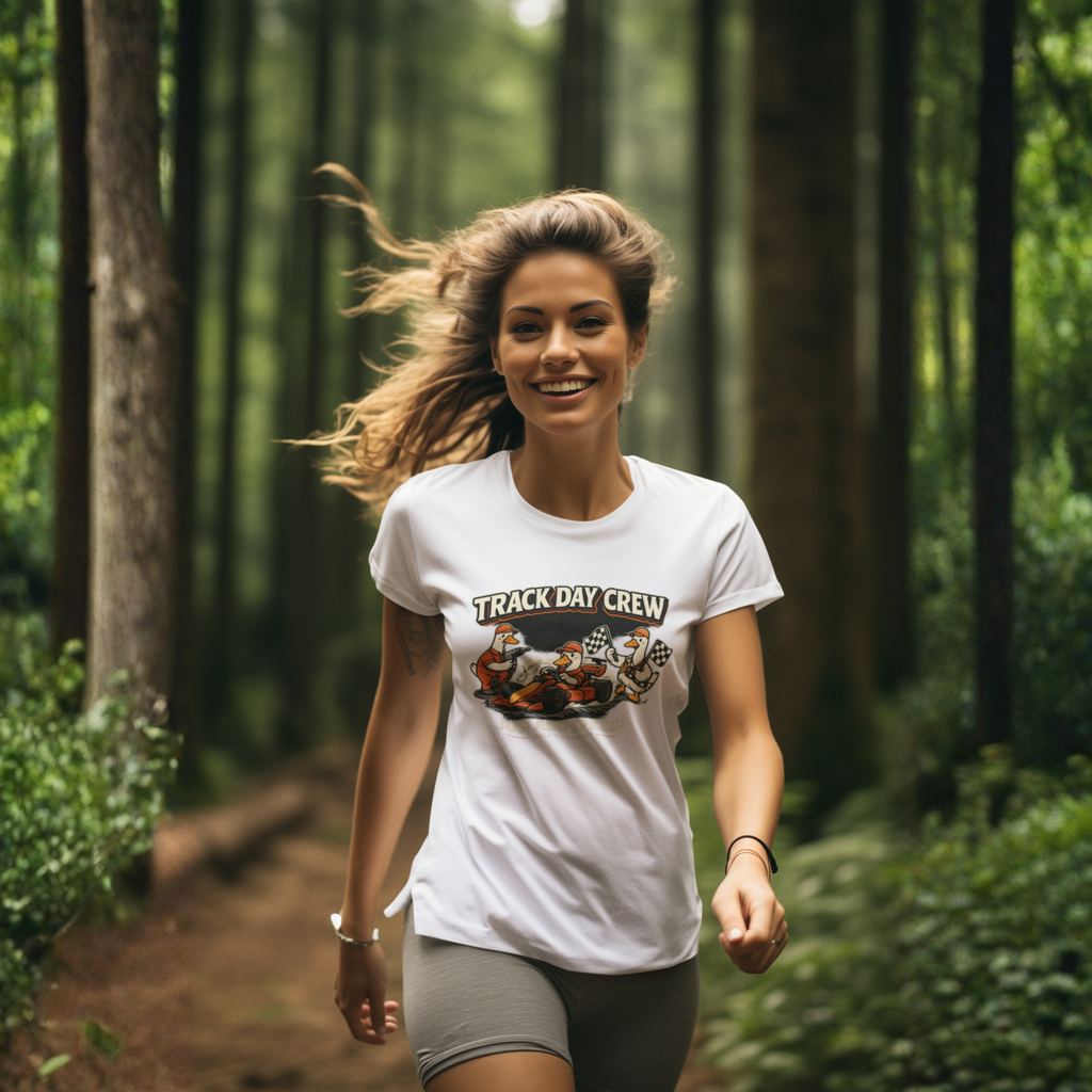 Woman running in a forest wearing a 'Track Day Crew' white t-shirt