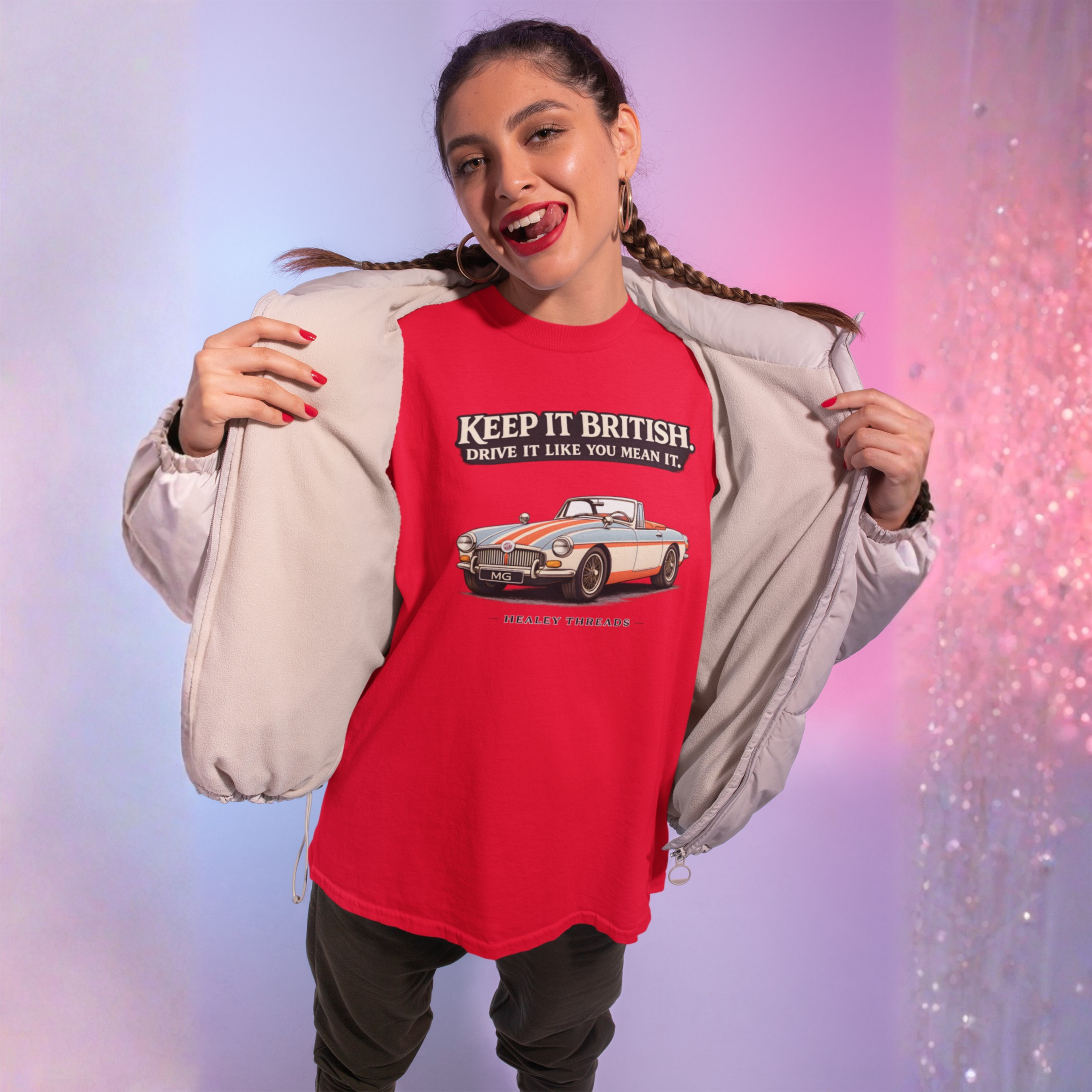 Girl wearing a red 'Keep It British' t-shirt with a MGB car graphic against a gradient background