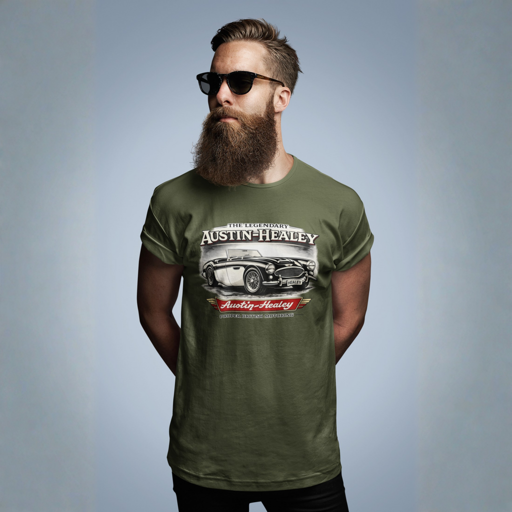 Man wearing a military green t-shirt with Austin-Healey car design on a gray background