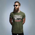 Man wearing a military green t-shirt with Austin-Healey car design on a gray background